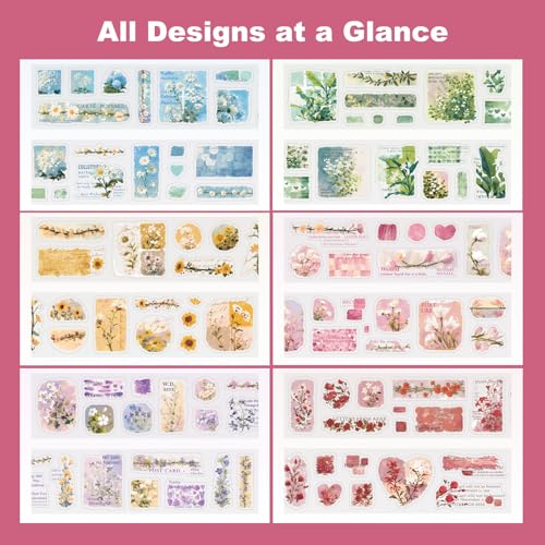 6 Rolls Floral Pre-Cut PET Sticker Tape Set, 1.97in x 78.7in Each, Vintage Botanicals & Script for Scrapbook Journals, Planners, DIY Décor - style: Floral Musings