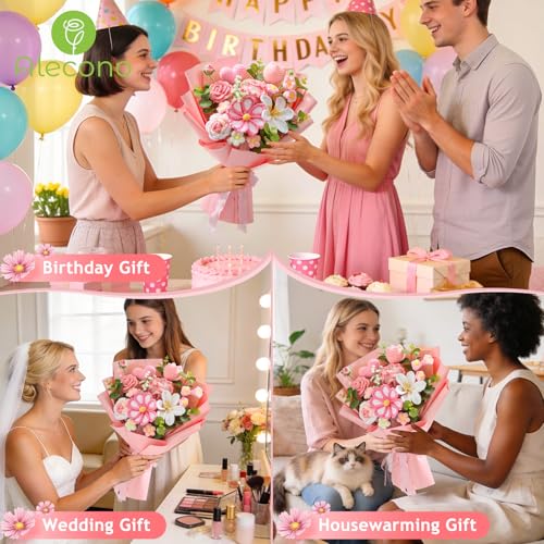 Alecono Large Crochet Flower Bouquet, Pink Knitted Flowers, Crochet Tulip Galsang Flower for Valentines Day Lover Anniversary Birthday Party Mother's Day Graduation Gifts (Include Card) - color: Pink, size: X-Large