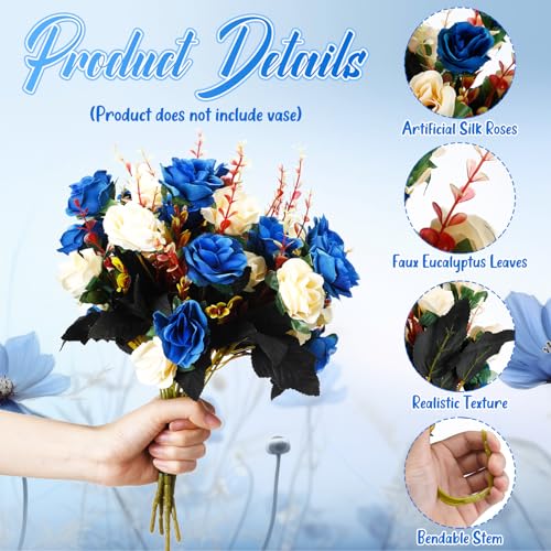 Hotop 12 Bunches of Artificial Flowers Centerpiece 13 Inches Silk Fake Roses Bouquets for Table Decoration Faux Arrangement Flowers for Wedding Cemetery Memorial Day (Dark Blue) - color: Dark Blue