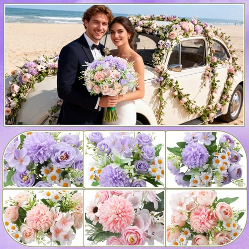Tigeen 6 Bundles Artificial Bouquet Flowers Artificial Peonies Faux Roses Hydrangea Flowers Bouquet for Wedding Table Centerpiece Floral Vase Decor (Pink,Purple) - color: Pink,purple