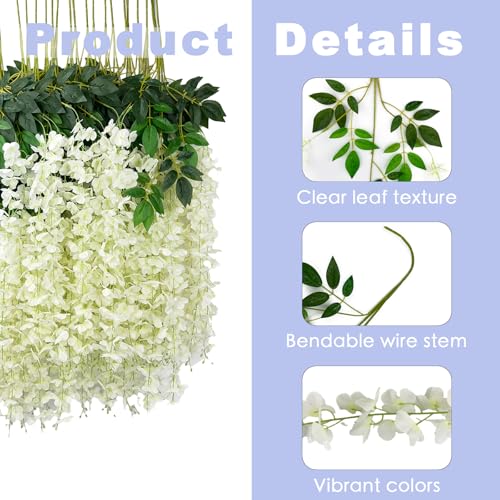 BIRDDIE 48 Pcs of Wisteria Hanging Flowers, 3.75 Ft Fake Flower Strings, Artificial Wisteria Flowers Hanging Garland for Backdrop, Wedding, Ceremony, Garden and Home Wall Decoration(White) - color: White, size: 48 pcs