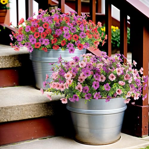 Ammyoo Artificial Fake Plants Flowers for Outdoor Spring Decor, 12 Bundles Faux Silk Mums for Planter Pot Colorful UV Resistant Look Real for Front Door Porch Patio Outside Yard(Purple Pink) - color: Purple Pink