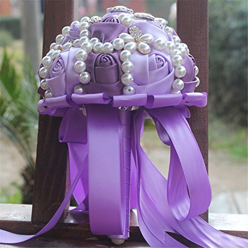 USIX Handcraft Popular Satin Rose Rhinestone Brooch Flower Pearl Bridal Holding Wedding Bouquet Wedding Flower Arrangements Bridesmaid Bouquet(Purple) - color: Purple