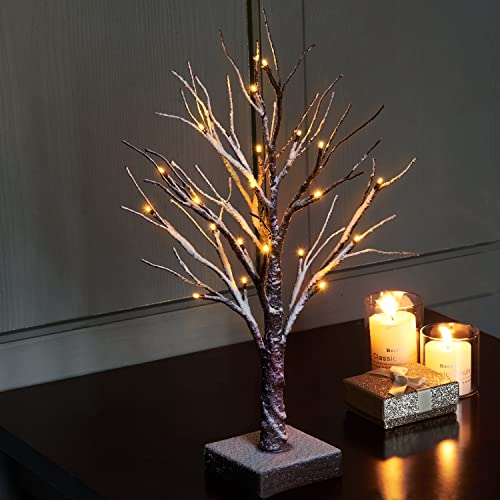 Fudios Lighted Snow Dusted Christmas Tree with Timer Battery Operated 18in Home Decor, Pre lit Artificial Tabletop Snowy Trees with 24 LED for Winter Party - color: Snowy Tree