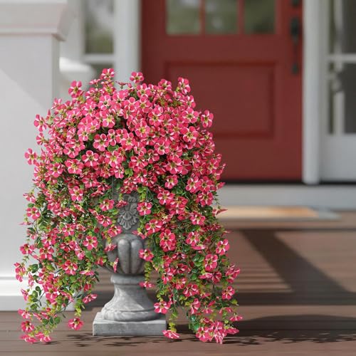 4 Bundles Artificial Hanging Morning Glory Flowers for Outdoor, Realistic Hanging Flowers Silk Fake Morning Glory with Faux Eucalyptus for Yard Garden Porch Patio Balcony Home Decor (Rose Red) - color: Rose Red