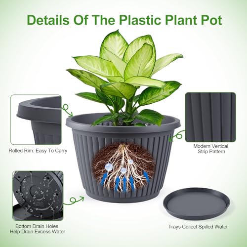 14-inch-Large-Planters-for-Outdoor-Plant，Plastic Indoor Flower Pots with Drainage Holes & Saucer，4 Packs Decorative Garden Pots for Plantfor Home Porch Decor - color: Gray, size: 14 inch-4 Pack