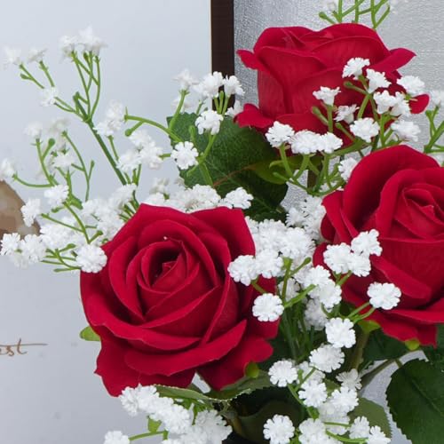 Fake Flowers Artificial Flowers Decorative Bouquet with Faux Baby's Breath, Velvet Roses Small Floral Arrangements for Wedding Table Centerpieces Home Décor - color: Red Rose