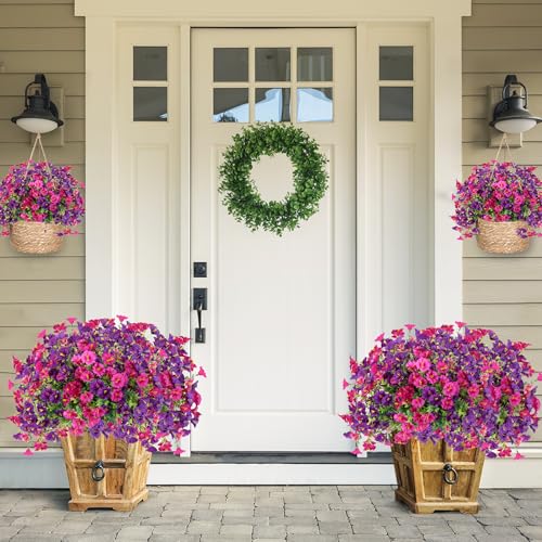 Artificial Flowers for Outdoors 12 Bundles Realistic Faux Plants UV Resistant Fake Silk Morning Glory with Eucalyptus for Front Door Planter Patio Porch Spring Summer Decoration (2 Mixed Color) - color: Mixed 2 Color