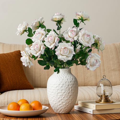 Artificial Flowers Artificial Roses Fake Roses 23.2In Long Stem Artificial Flowers for Tall Vase Silk Rose Suitable for Wedding Decor Valentine's Day DIY Bouquet Spring,Pattern White,20PCS - color: Pattern White