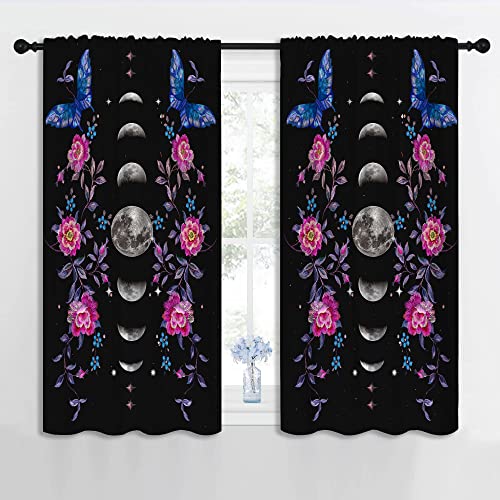 Boho Flower Blue butterfly Rod Pocket Blackout Curtains for Boy Girl Bedroom,Moon Phase Moonlit Garden Witchy Gothic Aesthetic Thermal Insulated Home Window Drapes for Living Room Darkening,42x45in - color: Boho Flower Blue Butterfly-005, size: 42"W x 45"
