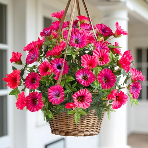 Rose Red Artificial Morning Glory Flowers for Outdoor Planters, Premium UV Resistant Silk Faux Flowers for Porch, Hanging Basket & Window Box, Summer Garden Decor, No Pot, 13.3 Inch, 4 Bundles - color: Rose Red 4pcs