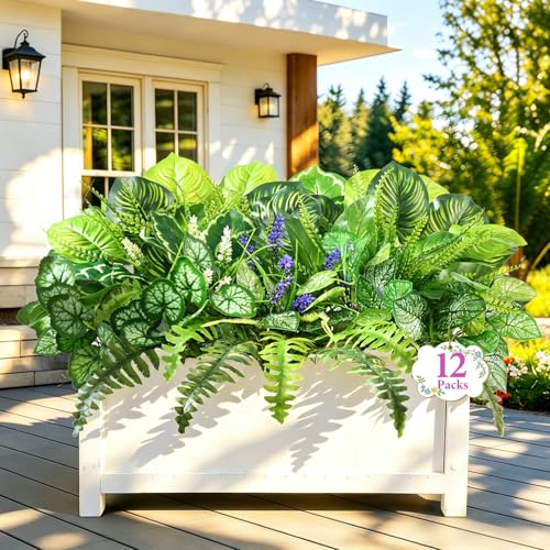 Livole Artificial Plants Outdoor UV Resistant, Realistic Faux Plants Artificial Greenery Large Bunches Fake Plants for Porch Patio Garden Spring Summer Home Decor (Large 12pcs) - size: 12 Pcs