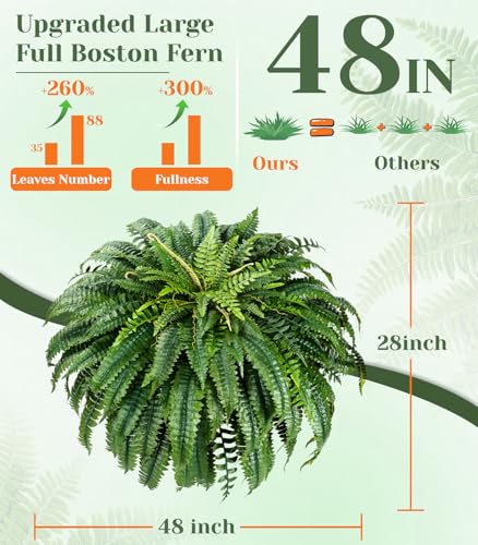 MARTINE MALL 2Pcs 48''/ 88 Leaves XXL Large Fake Ferns Artificial Ferns for Outdoors, UV Resistant Faux Boston Fern for Outdoor Planter Realistic Hanging Artificial Fake Plants for Porch Patio - color: Green-b, size: 2 PCS