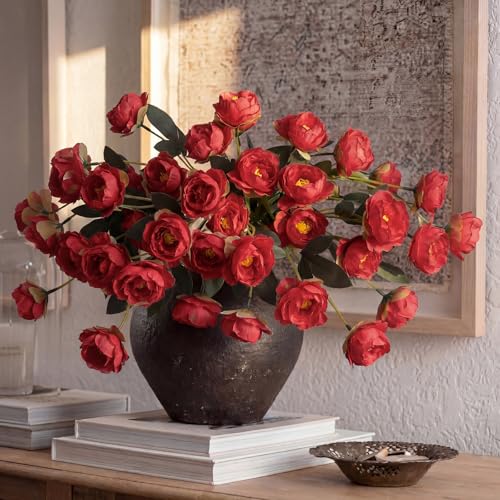 6 Pcs 32" Large Red Artificial Peonies Stems Flowers, Real Look Faux Silk Peony Bouquet 42 Heads Total for Vase Filler, Farmhouse Rustic Neutral Home Decor, Wedding Centerpieces - color: Red