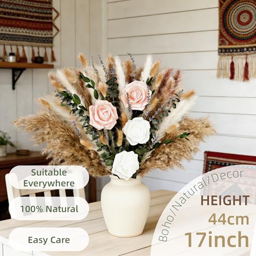 100Pcs Pampas Grass with Fake Roses Bouquet Fluffy Dried Plants with Eucalyptus Leaves Bunny Tails and Artificial Flowers for Vase Home Livingroom Boho Natural Decor Tables Centerpieces