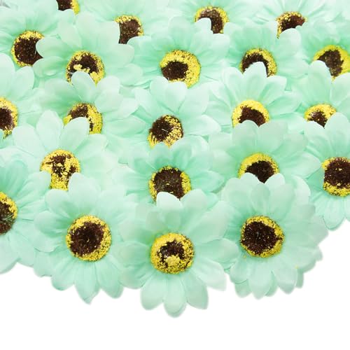 50 Pcs Faux Sunflower Heads for Craft, 2.76 Inch Artificial Sunflower Flower Heads, Green Flowers Silk Sunflower Bulk for Home Wedding, Clothing Accessories, Hair Decoration - color: Green