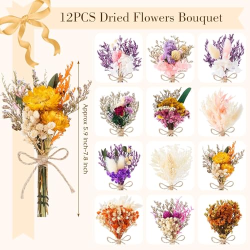 12/24 PCS Charming Dried Flowers Bouquet for Vase Various Dried Wildflowers with Stems Mini Handmade Wildflowers Natural Real Flowers Bulk Flowers Craft (Blossoms, 12 PCS) - color: Blossoms