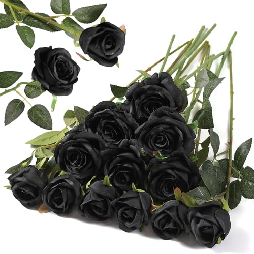 Hawesome 12PCS Artificial Silk Flowers Realistic Roses Bouquet Long Stem for Home Wedding Decoration Party (Black, 6 Flowers 6 Buds) - color: Black, size: 6 Flowers 6 Buds