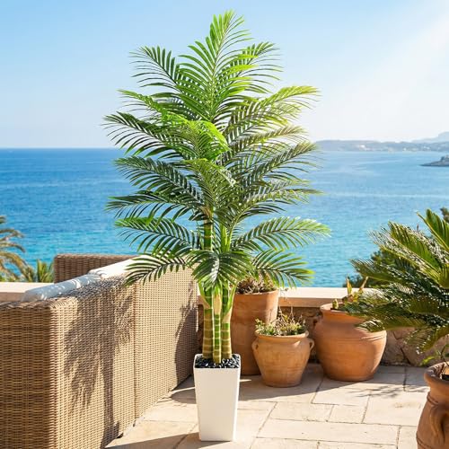 Artificial Golden Cane Palm Tree 7FT, Fake Palm Tree with Three Realistic Trunks and Lifelike Palm Leaves, Faux Palm Plant for Indoor Home Décor with White Planter - color: White, size: 7FT