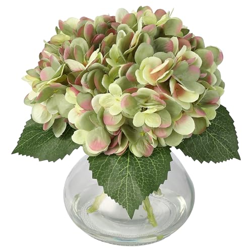 Artificial Hydrangea Flowers with Glass Vase & Fake Water - Faux Hydrangea for Home Table, Wedding Party, Office Decor | Realistic Fake Hydrangeas, Silk Flowers for Vase Arrangement (Hydrangea, green) - color: Hydrangea, Green