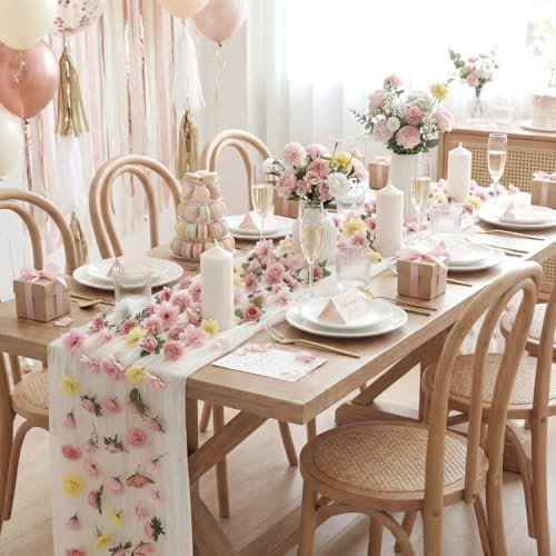 6 Pcs 35.4 Inch Artificial Flower Garland with 3 Pcs 10 ft Floral Tulle Table Runner Spring Summer Wildflower Dining Table Decor for Flower Wedding Party Backdrop Decorations - style: Watercolor Flower