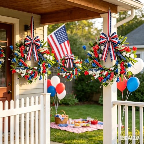 6 Pcs Small 4th of July Hanging Wreaths for Cabinets Patriotic Mini Candle Ring Wreath with Red White Blue Flowers Artificial Independence Day Wreath for Front Door Window Porch Wall Table Centerpiece - color: Patriotic-11