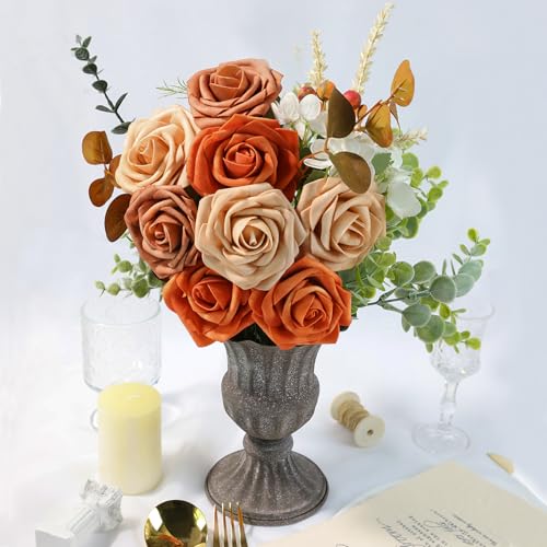 Artificial Flowers 25 Pack Orange Faux Foam Roses with Stems, Real Looking Fake Rose for DIY Wedding Bouquets, Bridal Shower Centerpieces, Party Table Decorations, Home Decor - color: Orange, size: 25Pcs