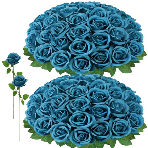 72 Pcs Artificial Roses Teal Fake Silk Roses Realistic Roses Faux Flower Indoor Wedding Home Decor, Birthday Decorations - color: Teal