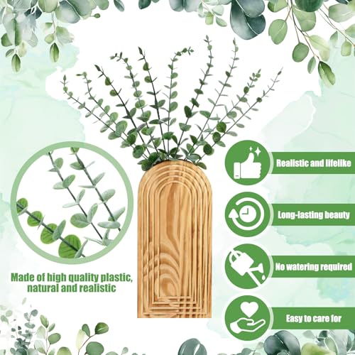 2 Pack 15" Wooden Wall Vase with 20 Pcs Artificial Eucalyptus Leaves Stems Planter, Boho Modern Farmhouse Bathroom Hanging Planter for Wedding, Hallway, Bedroom, Living Room - style: Modern