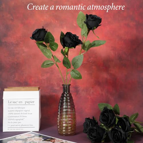 Hotop 20 Pcs Artificial Rose Flowers with Long Stem, Real Lifelike Silk Realistic Plastic Bouquet Roses Bulk for Home Decor Bridal Wedding Party Table Centerpieces Decorations(Black) - color: Black