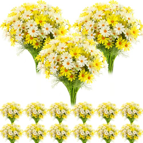 Giegxin 100 Pcs Artificial Daisy Flowers Bulk Realistic Fake Daisies Faux Wildflower Daisy UV Resistant Silk Fake Flowers Plants for Outside Wedding Garden Home Table Decor (White,Yellow) - color: White,yellow