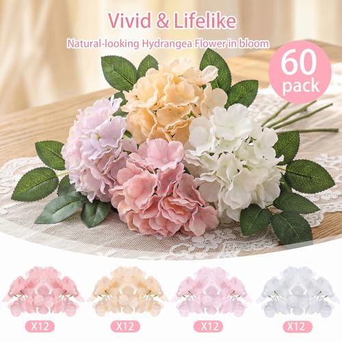 Suncalla 60 Pcs Artificial Hydrangea Flowers Bulk Silk Hydrangea Full Flowers Heads with Stems for Wedding, Home Table Centerpieces, Garden, Baby Shower, Party Decoration(Pink) - color: Pink