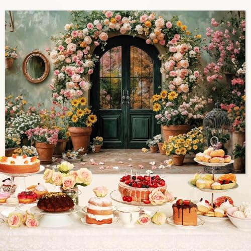 6X4ft Flower Backdrop Coloful Floral Arch Retro Door Photography Backdrops Modern Interior Rustic Style Wall Decoration Wedding Portrait Background Studio Photo Booth Props - color: Multi4, size: 6X4ft