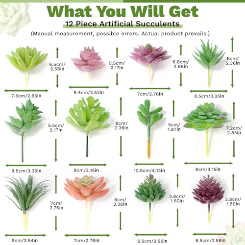 12 Pack Realistic Flocked Artificial Succulents, Faux Plastic Succulents Mini Fake Plants for DIY Craft, Home Decor, Garden & Office Floral Arrangements (Unpotted, PVC, Lifelike Details)