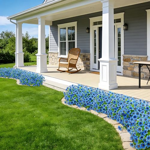 20 Bundles Artificial Flowers for Outdoors, Fake Silk Flowers UV Resistant Faux Realistic Plastic Plants for Spring Summer Porch Patio Garden Planter Window Box Home Decor, Blue - color: Blue