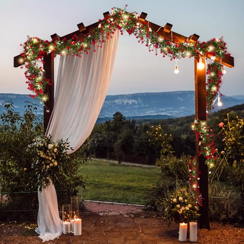 RECUTMS Artificial Leaves Garland with Flowers Fake Vines with Lights Spring Mantel Garland Fake Greenery Vines 5.8 Ft Lit Vine for Mantle for Wall Wedding Party Table Home Bedroom Decor(Red) - color: Red With Lights
