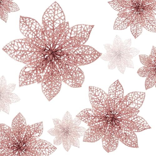 Wironlst 24 Pieces Glitter Poinsettia Flowers Christmas Tree Ornaments, Glitzy Poinsettia Bushes Christmas Decorations for Xmas/Holiday/Seasonal/Wedding (Rose Gold) - color: Rose Gold