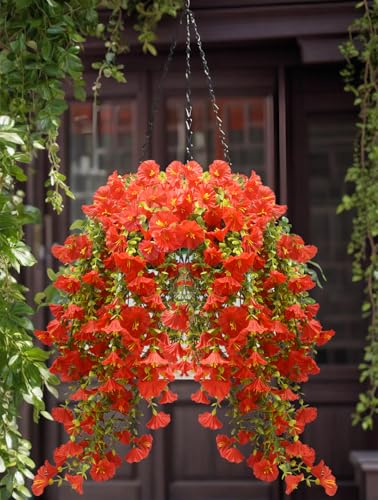 Musdoney 4PCS Artificial Hanging Flowers, Fake Hanging Plants Morning Glory Vines UV Resistant for Wall Home Room Garden Wedding Indoor Outdoor Spring Summer Decoration (Red) - color: Red