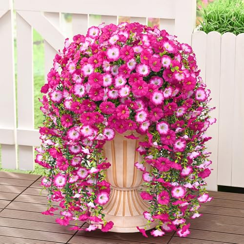 Dolicer 2 Packs Look Real Artificial Flowers for Outdoors, Fake Artificial Hanging Flowers for Outdoors Realistic UV Resistant Hanging Flowers Silk Petunia Faux Flowers for Porch Patio(Mixed Fuchsia) - color: Mixed Fuchsia, size: 2 packs