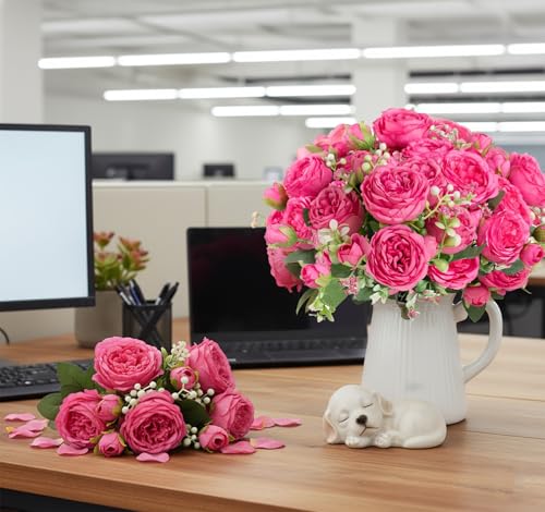 Peonies Artificial Flowers 12 Bundles Pink Flowers Bouquet, Lifelike Silk Fake Peonies with Stems for Home Table Centerpieces, Wedding, Party & DIY Bridal Floral Arrangements (Rose red) - color: Rose Red