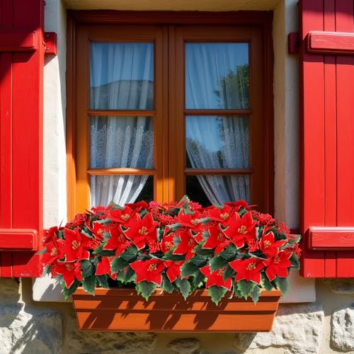 Suncalla 12 Pcs Artificial Poinsettia Bouquet 7 Heads Poinsettia Bush Christmas Flowers Holly Berry Stems with Red Berries Holly Leaves for Home Porch Garden Indoor Outdoor Holiday Xmas Decorations