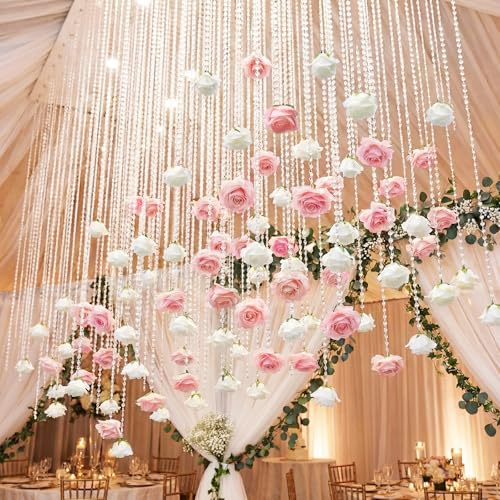 Norme 16pcs 31.4 Inch Wedding Rose Hanging Garland Crystal Beaded String Garland Artificial Rose Flower Decor for Wedding Engagement Bridal Shower Party Valentine's Day Party Decorations - color: White, Pink