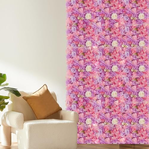 3D Flower Wall Backdrop - 12Pcs 15×15 Inch Artificial Rose Panels Pink & Purple Silk Floral Decor for Home Party Wedding Anniversary Birthday Photographic Studio Background & Decorative Fences - color: Pink and Purple, size: 12PCS-15x15