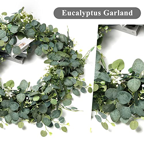 TOCHGREEN 2 PCS Artificial Eucalyptus Garland 5.9FT Faux Silver Dollar Greenery Garland Vines with White Flower Boxwood Fake Hanging Plants for Wedding Home Party Table Mantle Wall Decor - color: 2pcs