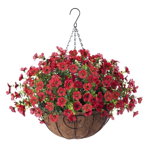 Ammyoo Artificial Faux Hanging Plants Flowers Basket for Spring Outdoor Decoration, Fake Silk Daisy UV Resistant Look Real with Eucalyptus Leaves Summer Outside Decor for Home Patio Garden - color: Red