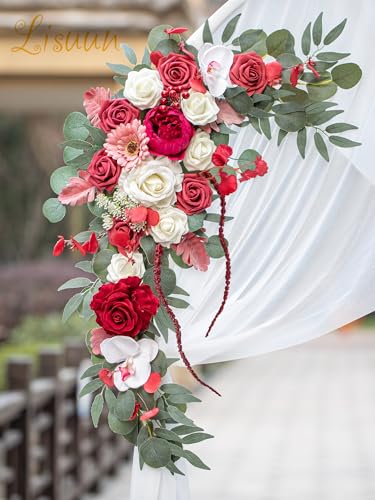 Lisuun Artificial Wedding Arch Flowers with Chiffon Runner, Pack of 3 | Includes 2 Flower Swags, 1 20ft Chiffon Runner and Zip Ties for Wedding Arches, Arbors and Backdrops - color: Wine Red & Coffee