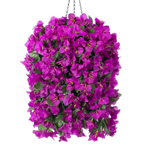 INSPRING Artificial Bougainvillea Faux Flowers Plants Baskets for Outdoor Outside Decoration, 3PCS Fake Silk Flowers Long Trailing Vines UV Resistant Realistic for Front Door Porch Patio (Purple) - color: Purple