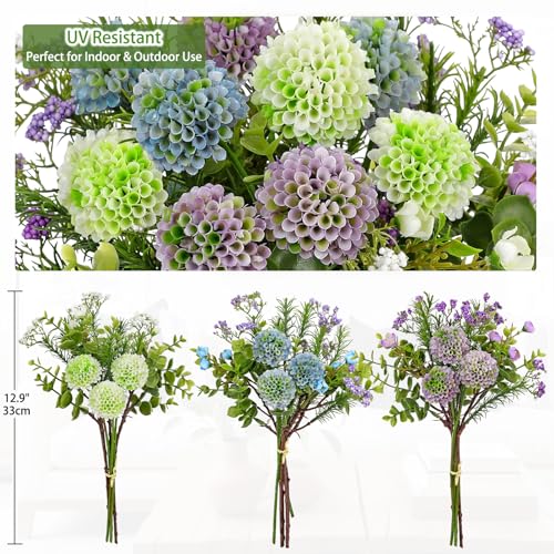 UV Resistant Artificial Flowers for Outdoors & Indoors 3 Bouquets, 12.9" UV Rated Faux Mums Chrysanthemum Plastic Flowers for Decoration, Fake Floral Arrangements for Home, Planter, Patio, Porch Decor - color: White & Blue & Purple