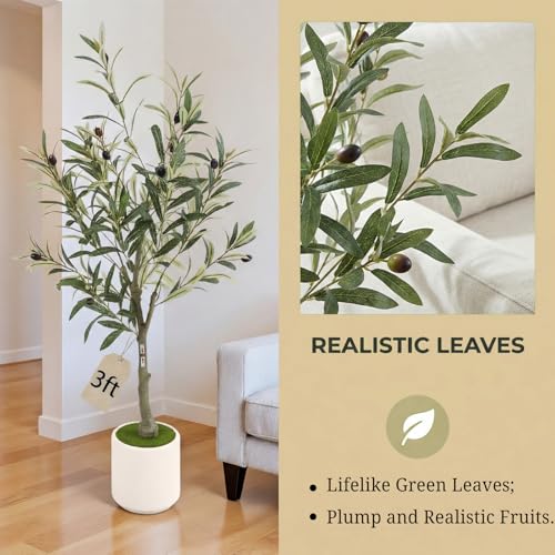 3FT 2pcs Spherical Fake Olive Tree Artificial Indoor,Faux Olive Tree with Pot,Large Olive Branches and Lifelike Fruits,for Home Office House Living Room Decor. - color: Green