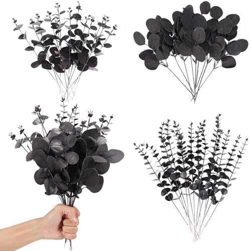 Coreland 120 Pcs 3 Kinds Mixed Artificial Eucalyptus Stems Faux Eucalyptus Leaves Branches Black Flower for Halloween DIY Bouquets Floral Arrangement Wedding Home Decor - color: Black Eucalyptus-120pcs
